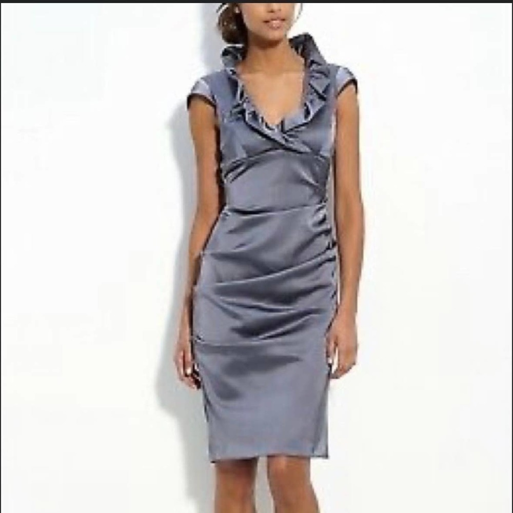 Xscape Silver Satin Ruffle V-Neck Sheath Dress
